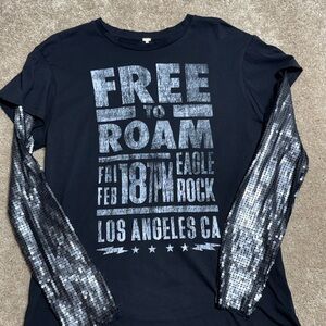Free People Black Graphic Tee with Silver Sequin Long Sleeves